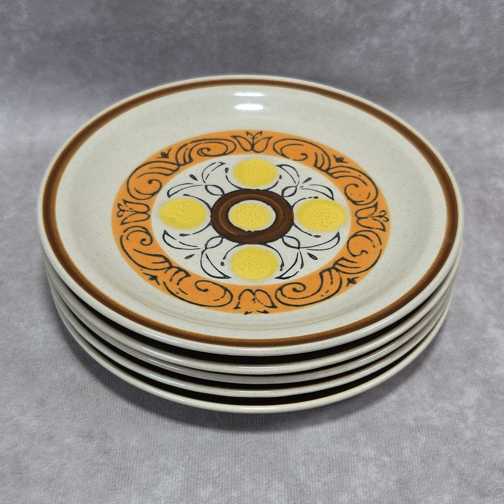 Vtg Vista Japan Stoneware Salad Plates (5) Sunburst Retro Floral Yellow Orange